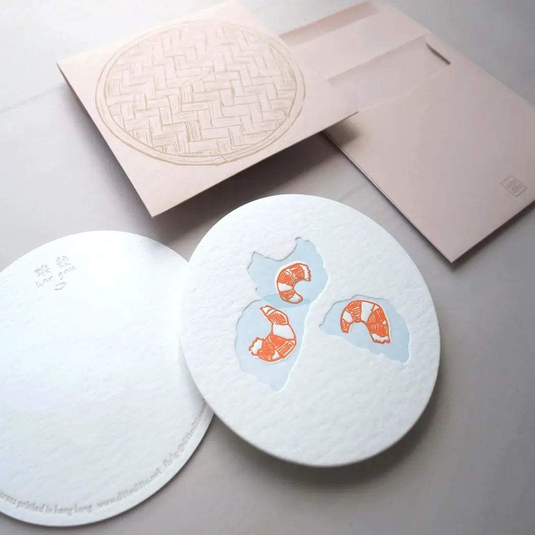round note cards with shrimp dumpling design on it. Comes with brown envelope with bamboo steamer design 