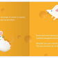 Illustration of two mice on a cheese wheel with text on an orange background