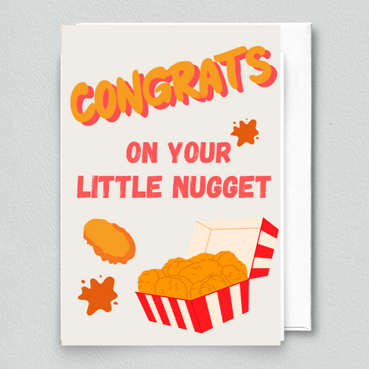 Greeting card with 'Congrats on your little nugget' text and cartoon illustrations of a box of chicken nuggets, on a light gray background.