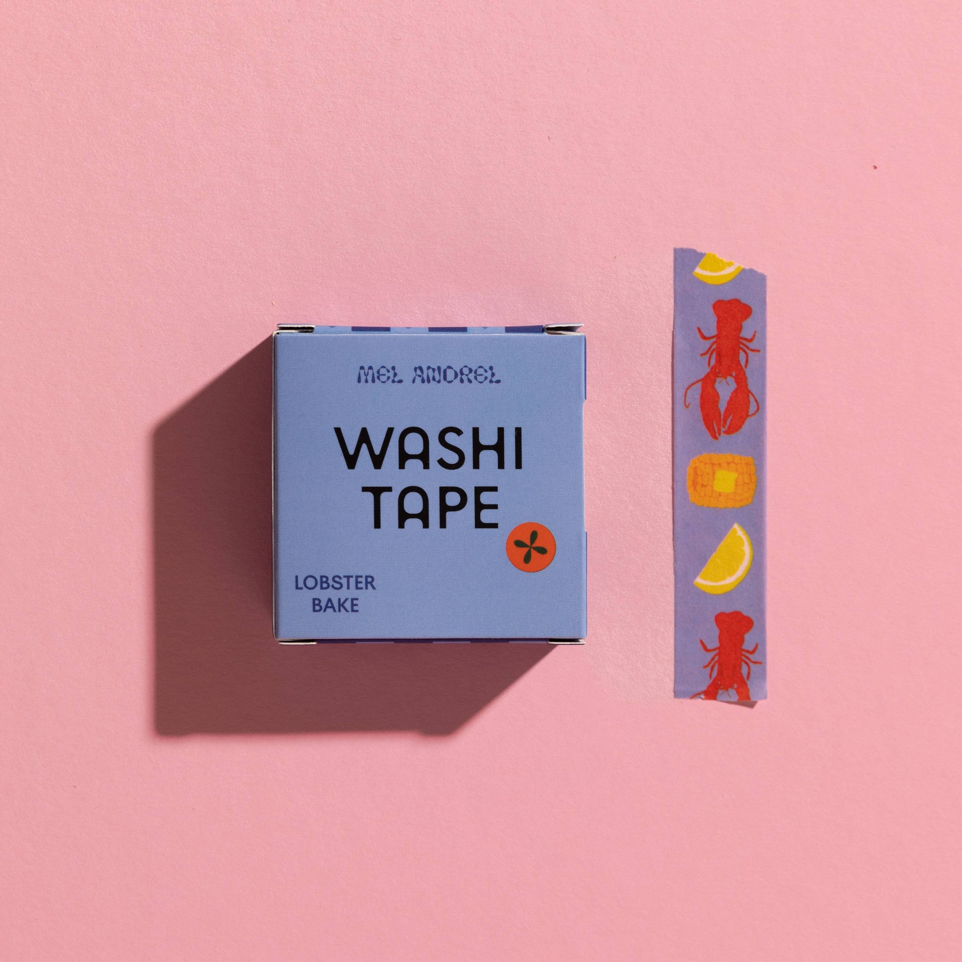 Washi tape with lobster bake design on a pink background. 