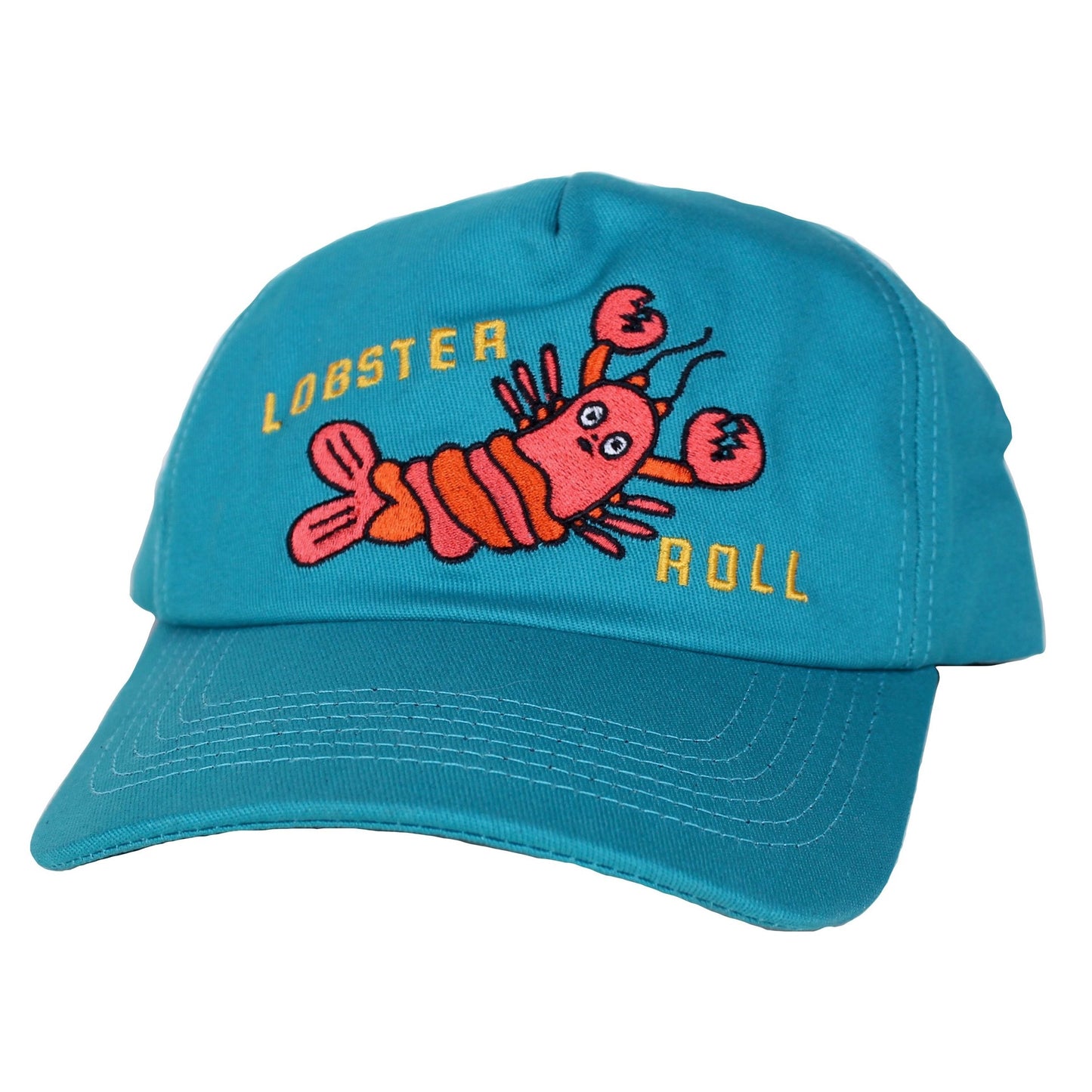Blue dad hat with yellow embroidered text "Lobster Roll" and  design featuring a red lobster with big staring eyes. Front view with brim.
