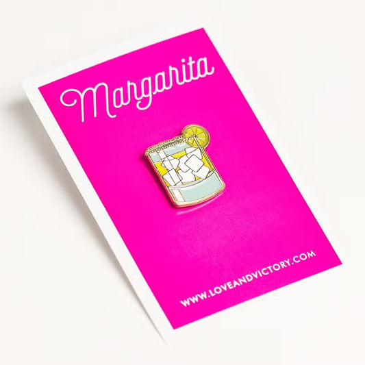 Margarita lapel pin on pink card backing.
