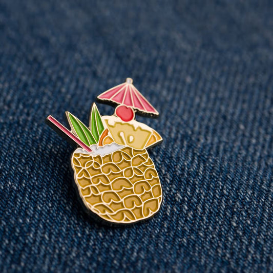 Tiki drink lapel pin: Pineapple drink with pineapple, cherry and umbrella garnish.