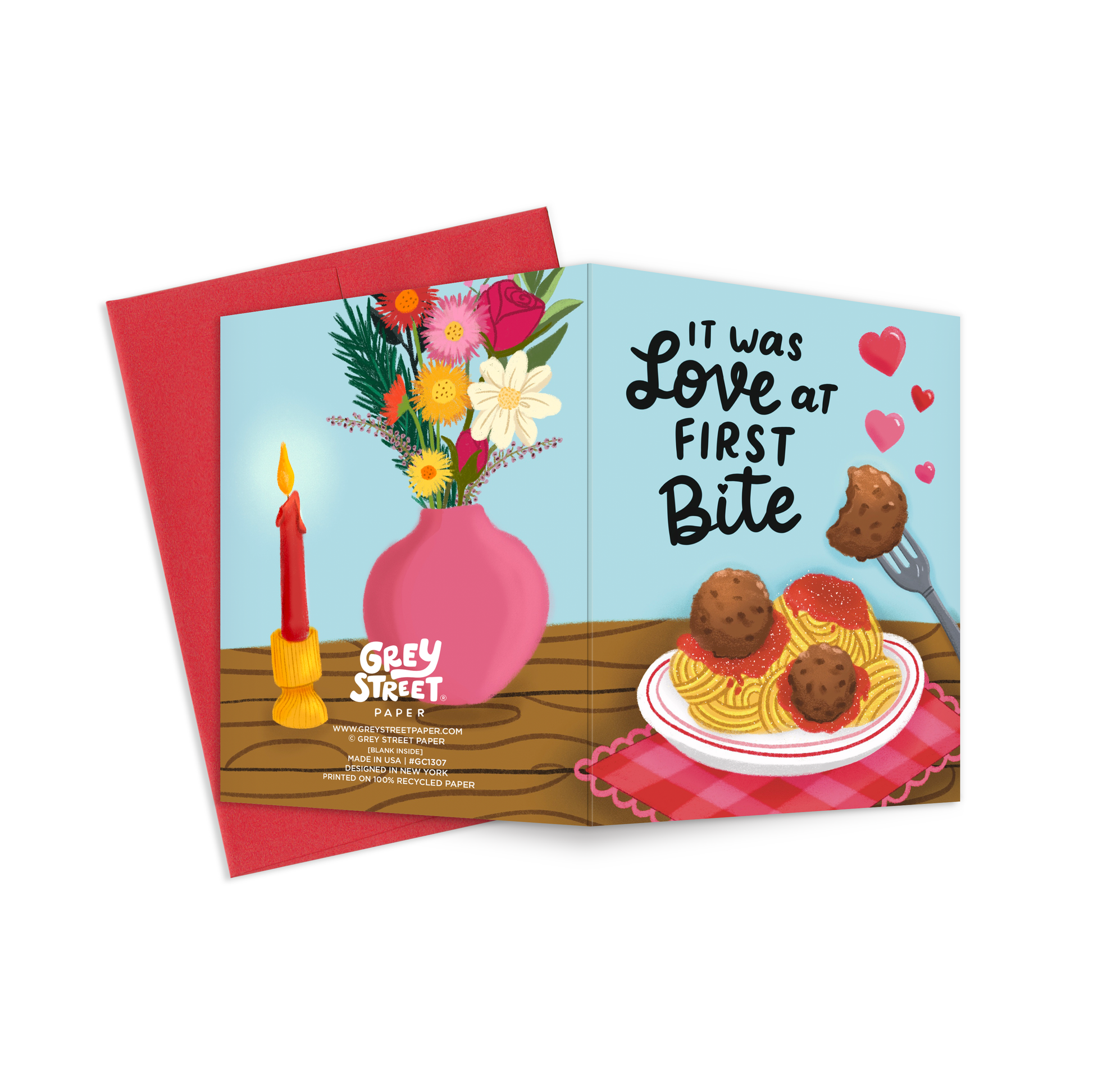 Love card with food illustration and 'It was love at first bite' text, featuring Grey Street Paper branding.