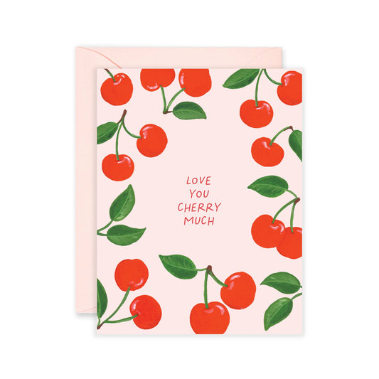 Greeting card with cherry design and 'Love You Cherry Much' text on a white background