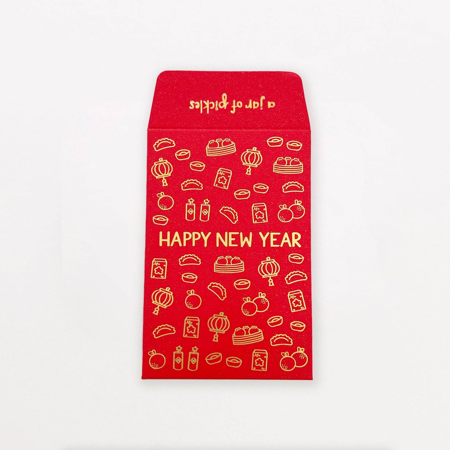 Red envelope with 'Happy New Year' text and illustrations on a white background