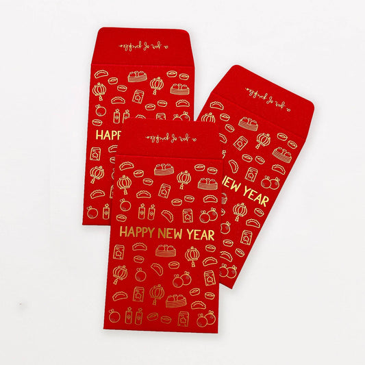 Red envelopes with 'Happy New Year' text and illustrations on a white background