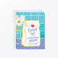 Greeting card with 'Thank you for everything Mom' text on a lunch sack. Blue background with flowers.
