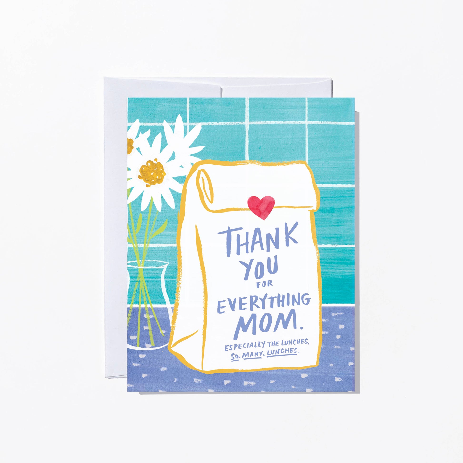 Greeting card with 'Thank you for everything Mom' text on a lunch sack. Blue background with flowers.
