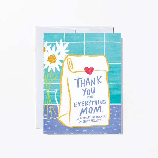 Greeting card with 'Thank you for everything Mom' text on a lunch sack. Blue background with flowers.