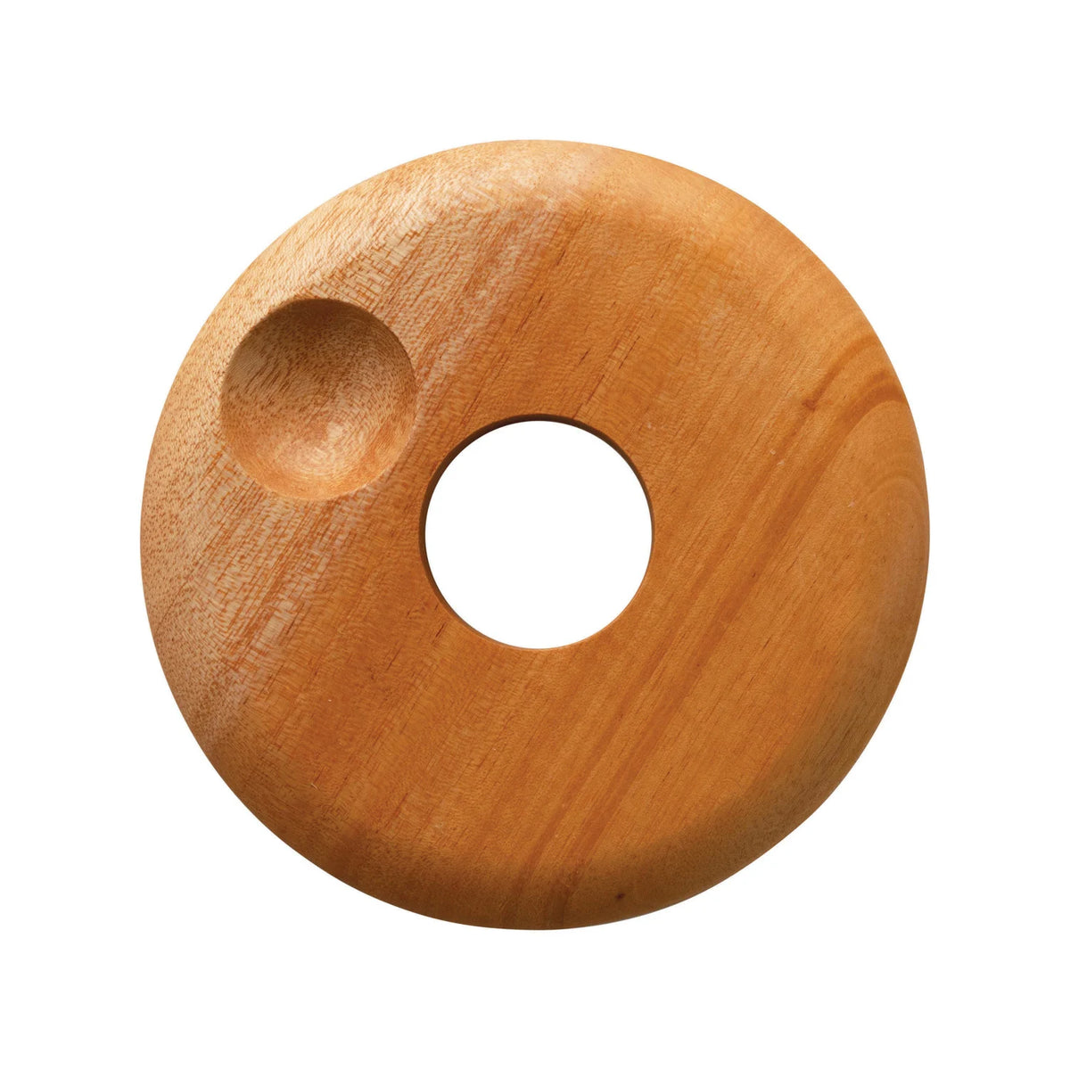 circular object made of mahogany wood with a cut out circle in center for an egg and a smaller, circular indent on the outer end for salt 