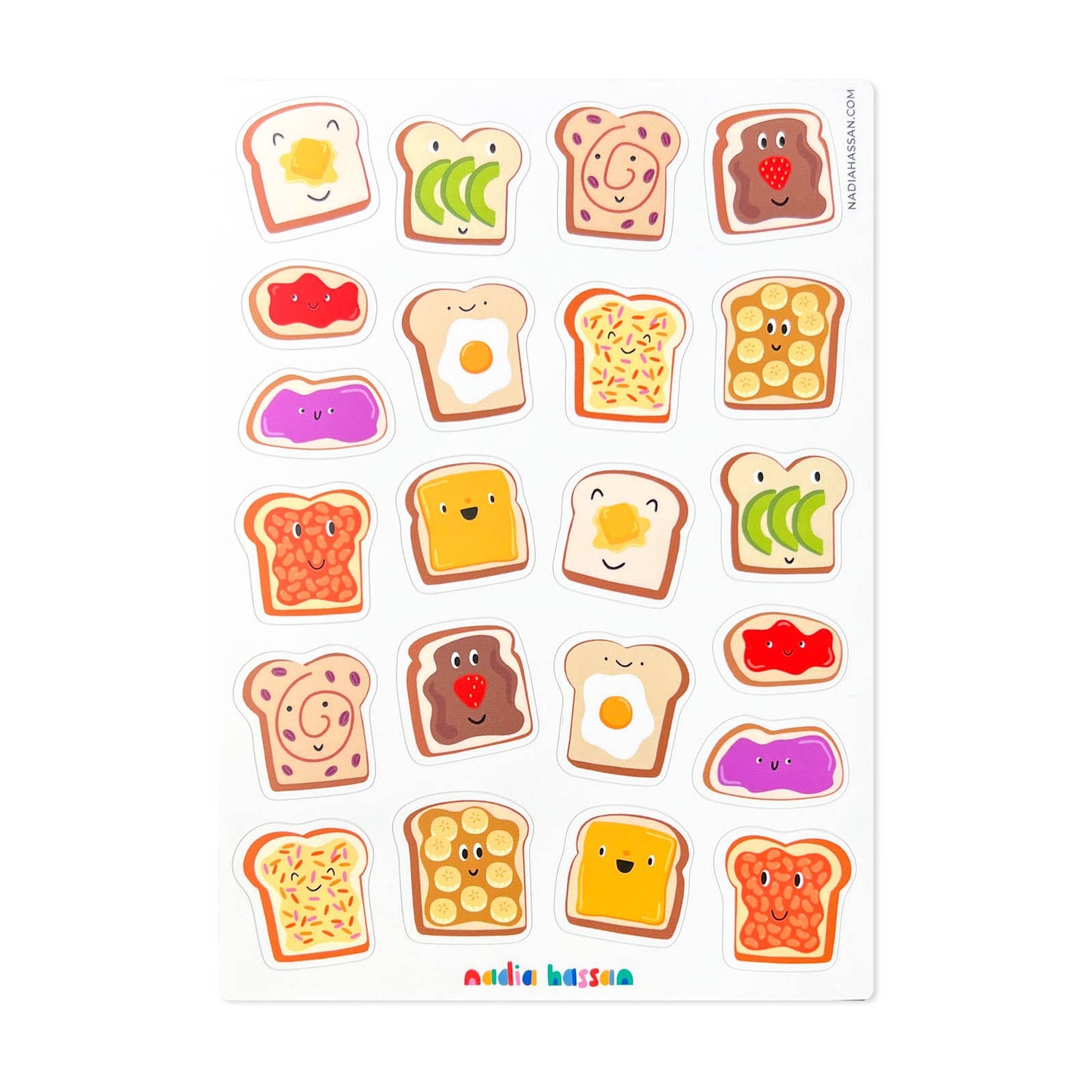 Sheet of colorful bread and sandwich-themed stickers with a visible brand name.