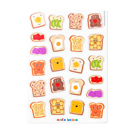 Sheet of colorful bread and sandwich-themed stickers with a visible brand name.