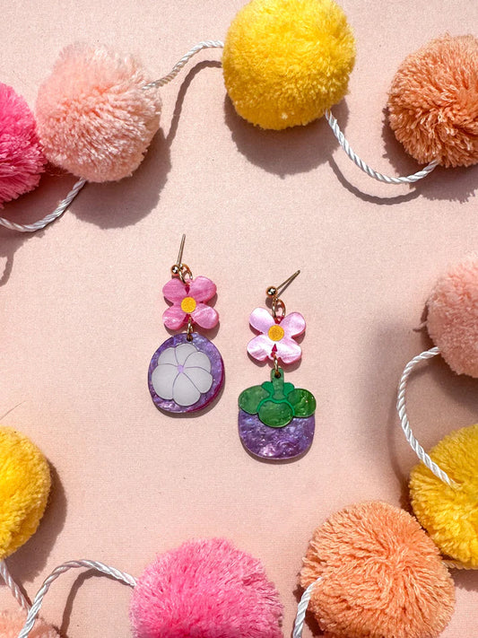 Acrylic, mismatched mangosteen dangle earrings 
