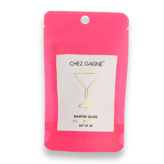 Pink packaging of Chez Gagne martini shaped paper clips with a white label.