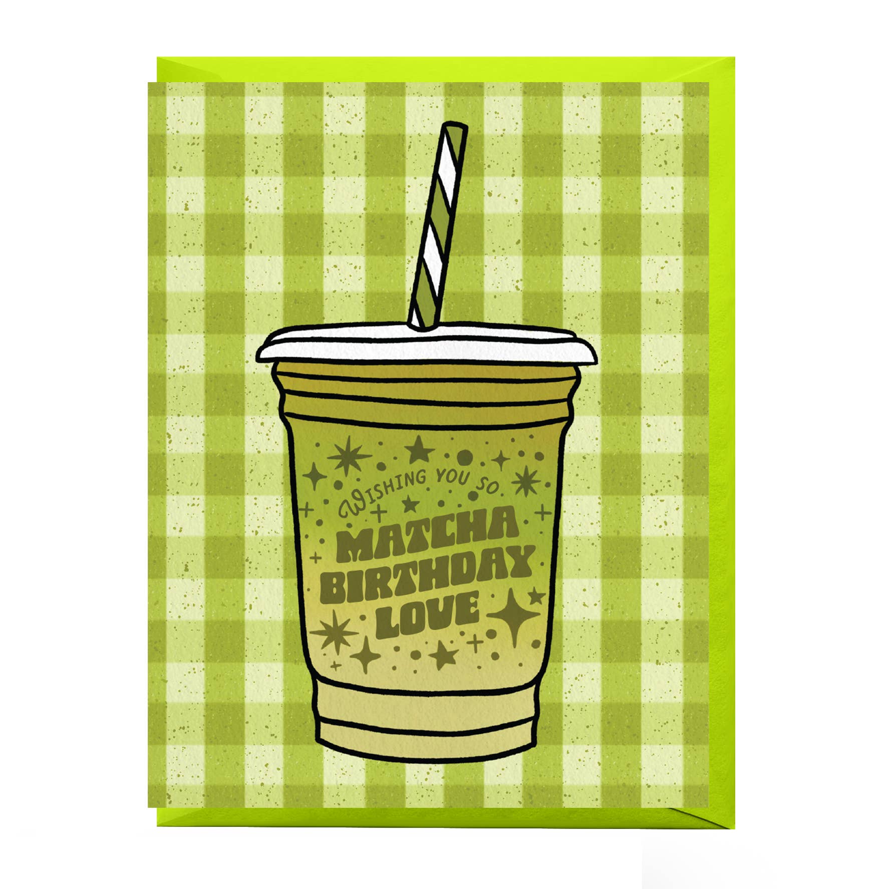Greeting card with a matcha birthday drink illustration on a green checkered background