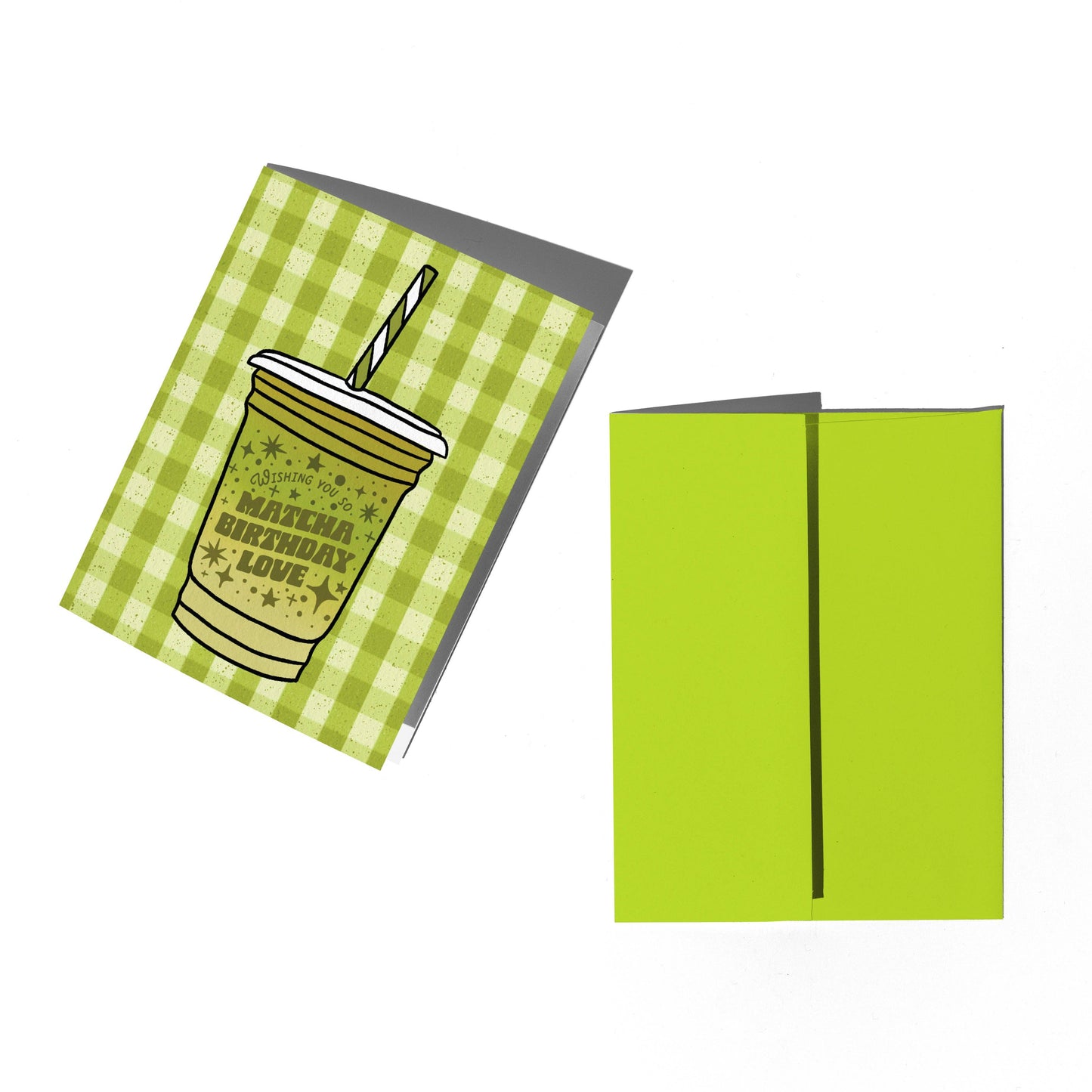 Greeting card with a matcha drink illustration on a checkered pattern, on a white background and a green envelope