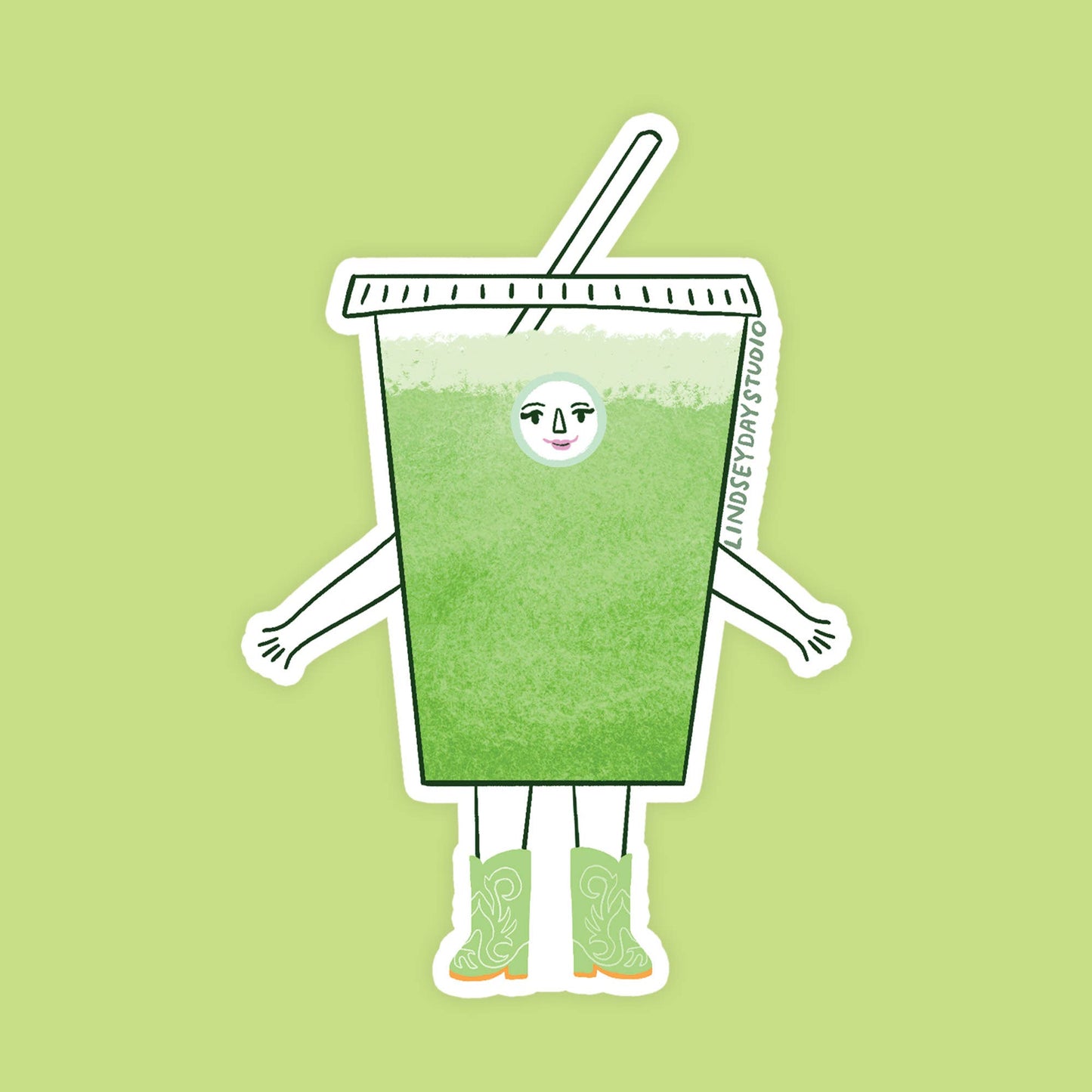 Illustration of a iced matcha character with a face on a light green background