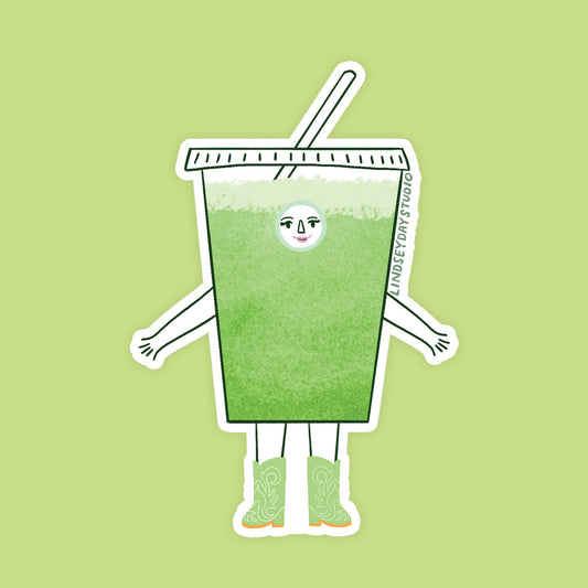 Illustration of a iced matcha character with a face on a light green background