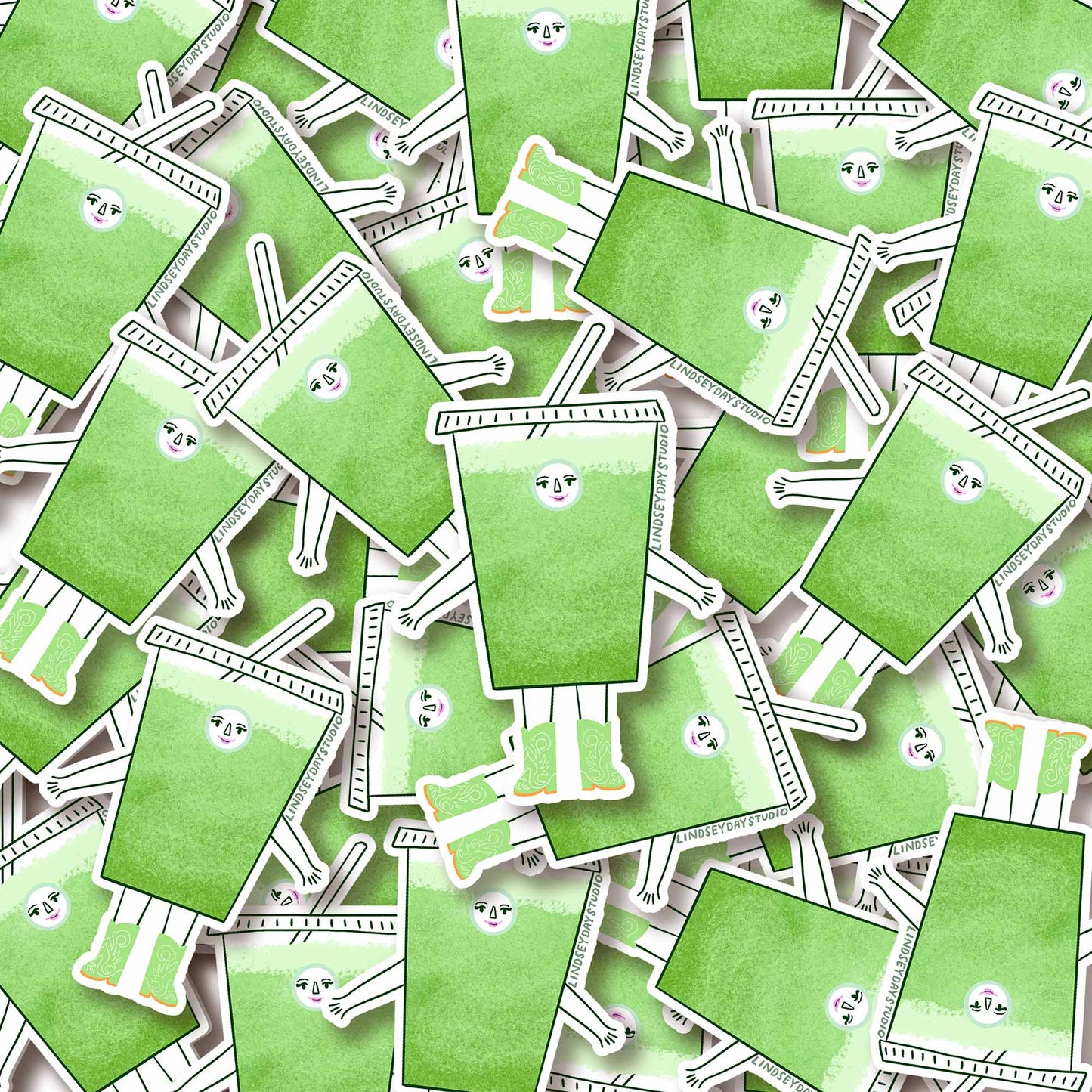 a pile of cartoon iced matcha character stickers 