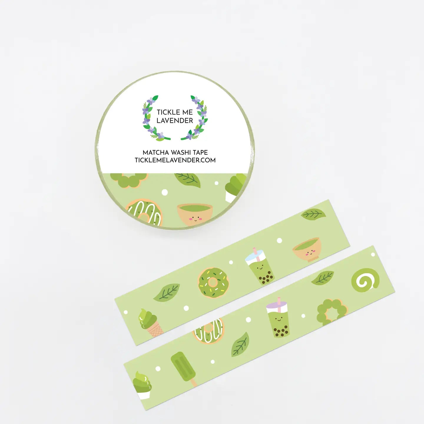 Green washi tape with matcha food and drink illustrations on a white background, featuring 'Tickle Me Lavender' branding.