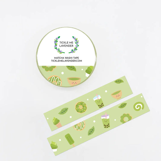 Green washi tape with matcha food and drink illustrations on a white background, featuring 'Tickle Me Lavender' branding.