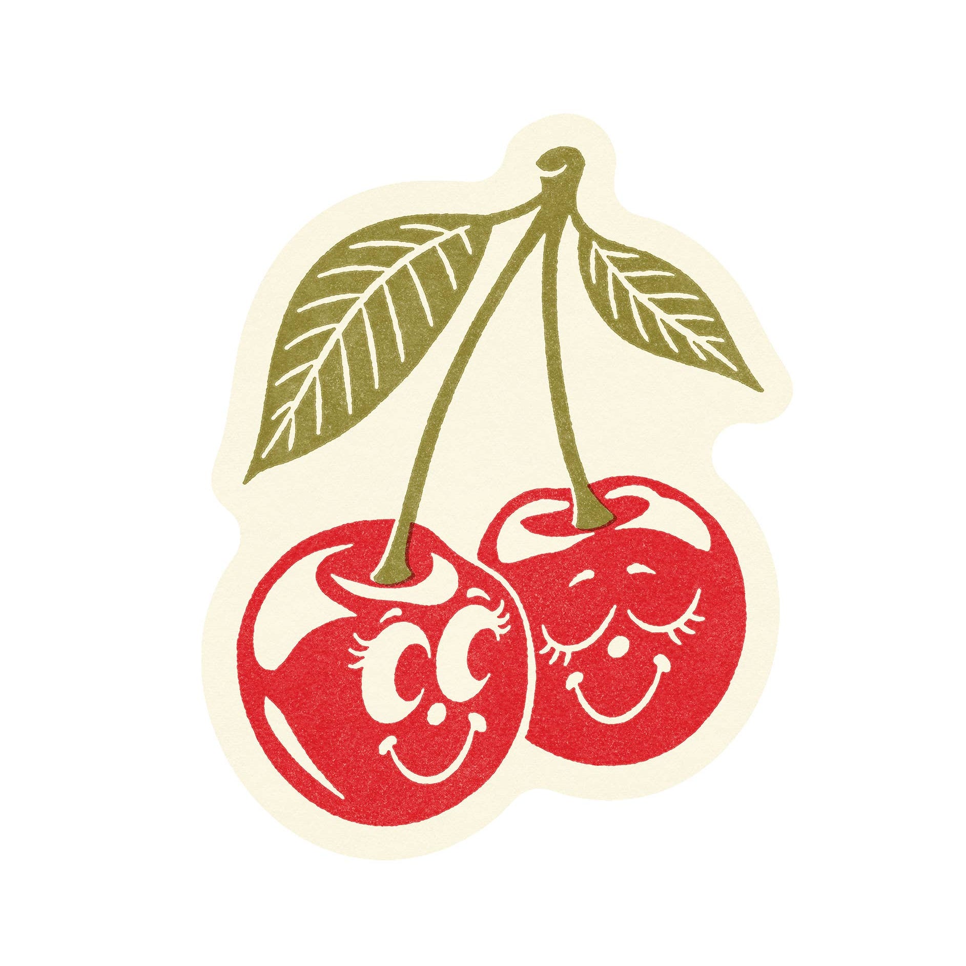 Two cherries with faces and green stems on a beige background
