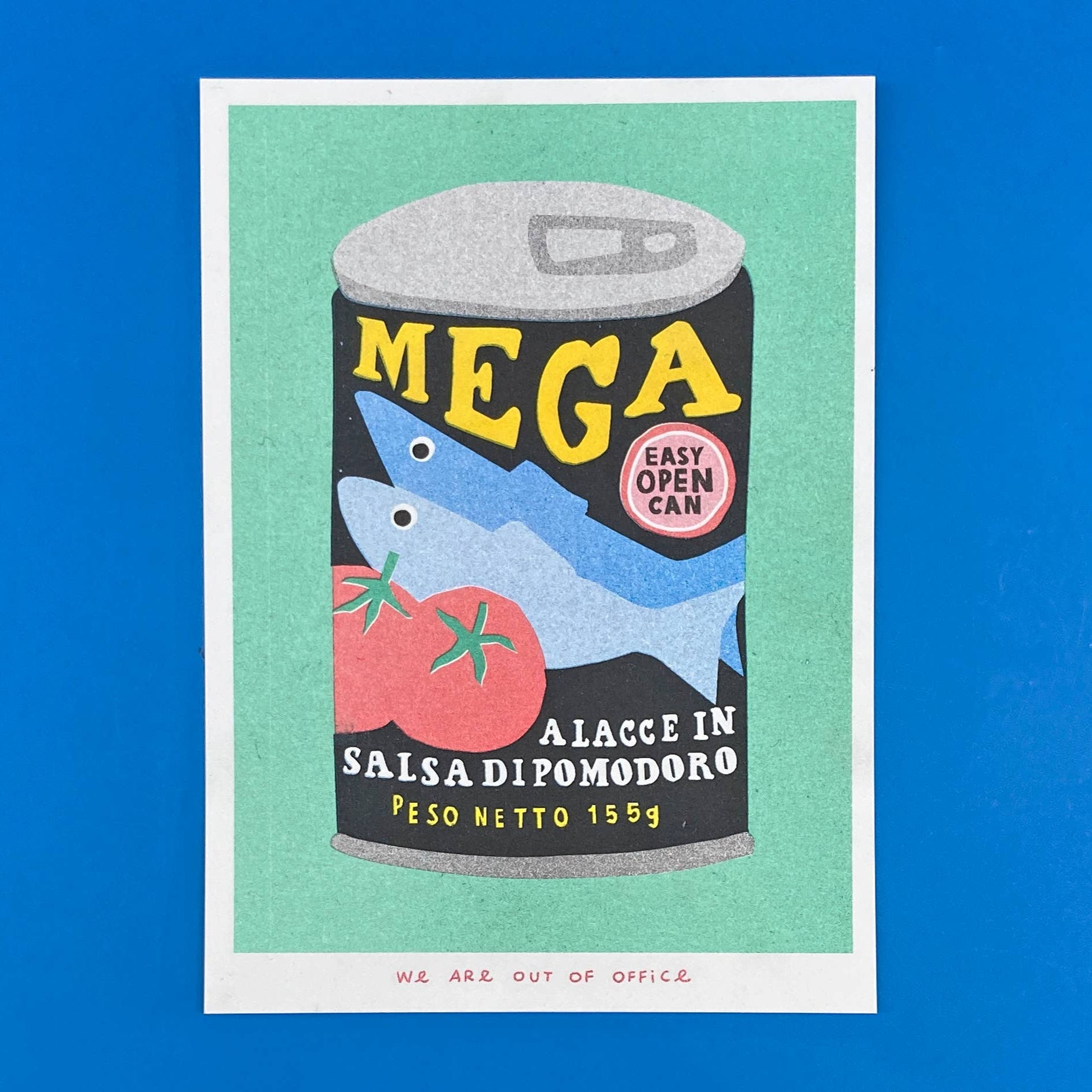 Illustration of a sardine can labeled 'Mega' on a blue background