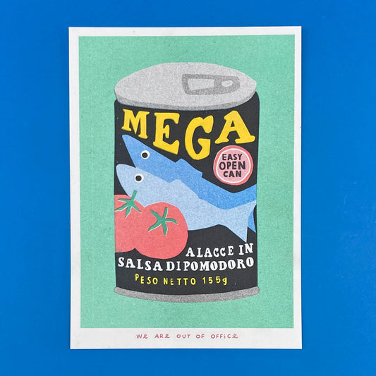 Illustration of a sardine can labeled 'Mega' on a blue background