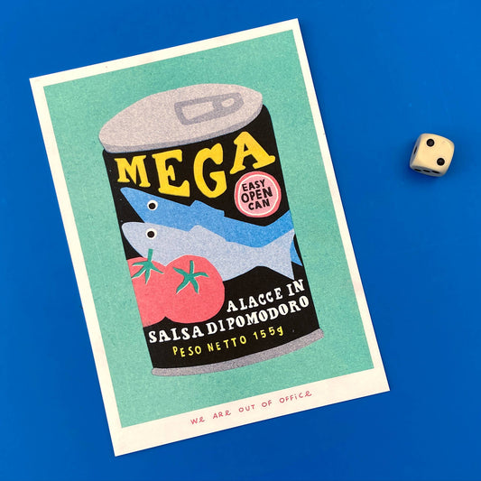 Poster of a 'Mega' sardine can with a dice for scale on a blue background