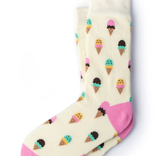 Cream-colored socks with ice cream cone pattern on a white background