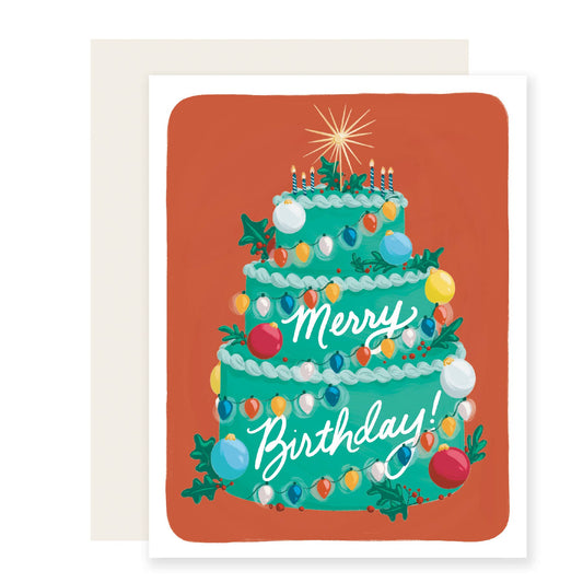 Birthday card with a colorful, festively decorated cake illustration on an orange background