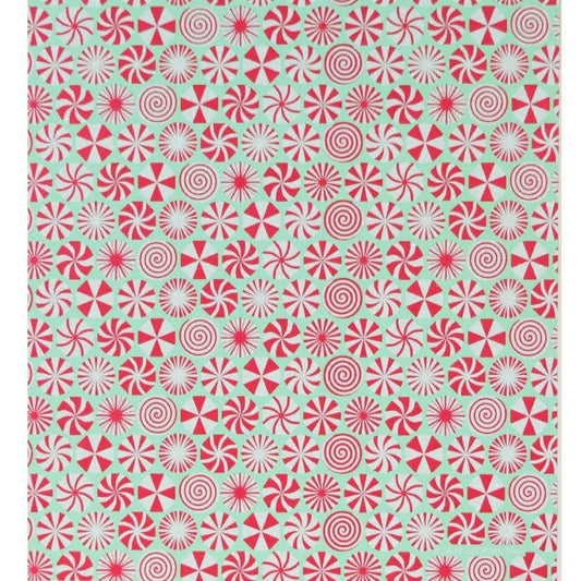 gift wrap sheet designed with red and white peppermint candies on a light green background 