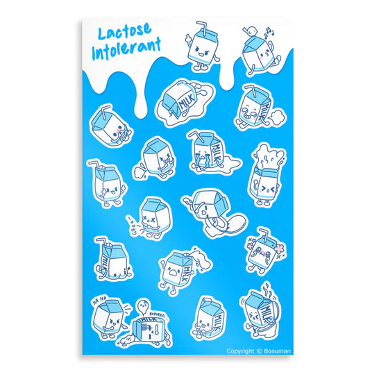 Blue and white sticker sheet with illustrated cartons of milk on it