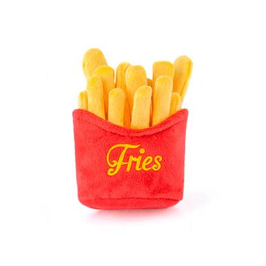 Toy resembling a red container of fries with yellow text that says "fries" on a white background