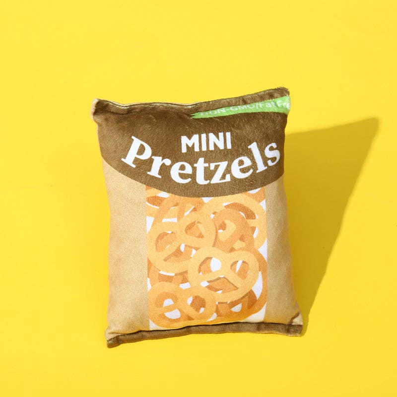 dog toy shaped like a bag of mini pretzels