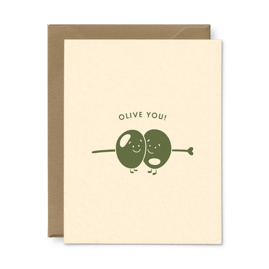 Greeting card with two smiling green olives and 'OLIVE YOU!' text on a beige background.