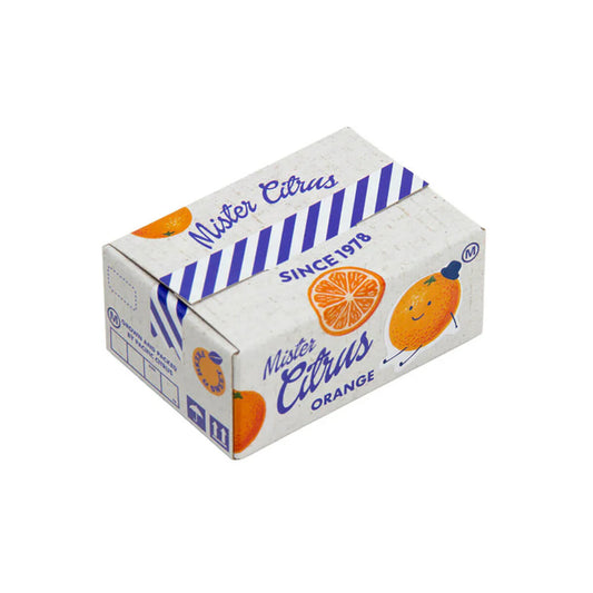 Box of Mister Citrus orange stickers product on a white background