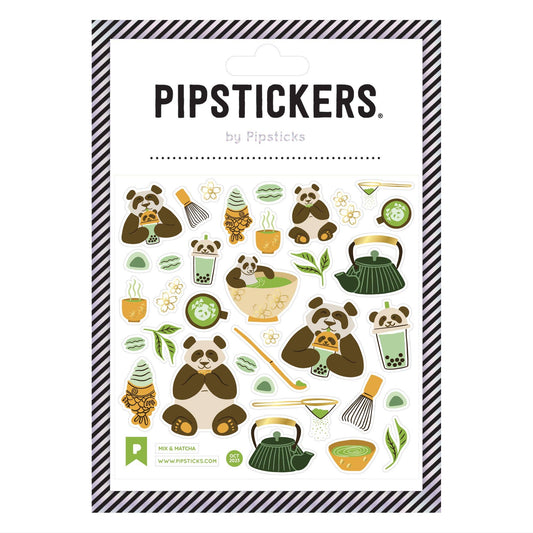 Packaging of Pipsticks stickers featuring pandas and matcha tea-themed designs.