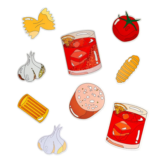 Collage of stickers: Farfalle, glitter garlic, negroni, pasta shapes, mortadella and tomato.