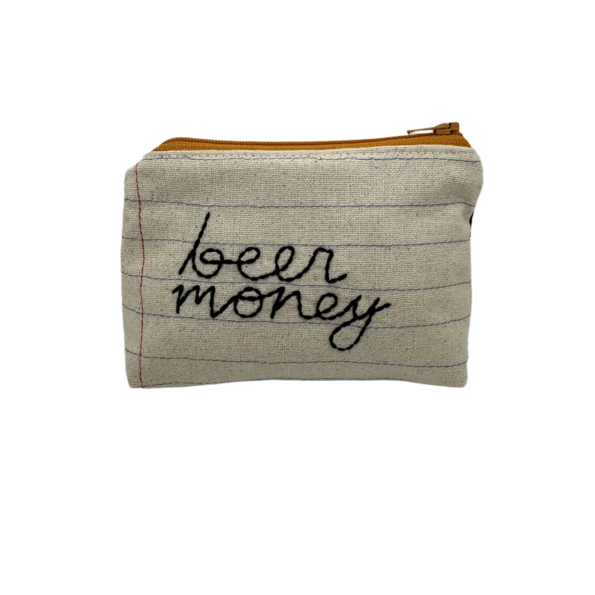 Handmade pouch sewn with the words "beer money"