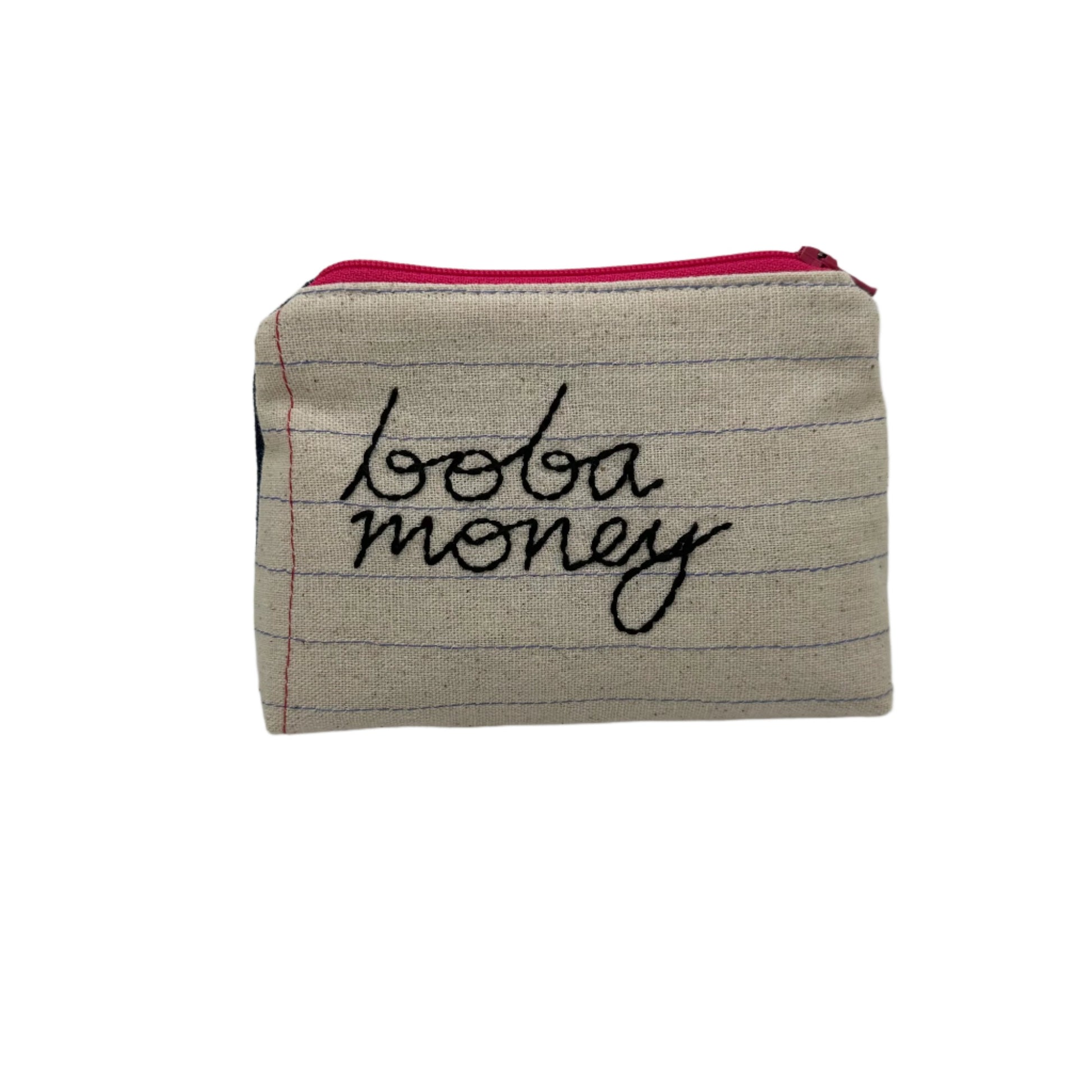 Handmade pouch sewn with the words "boba money"