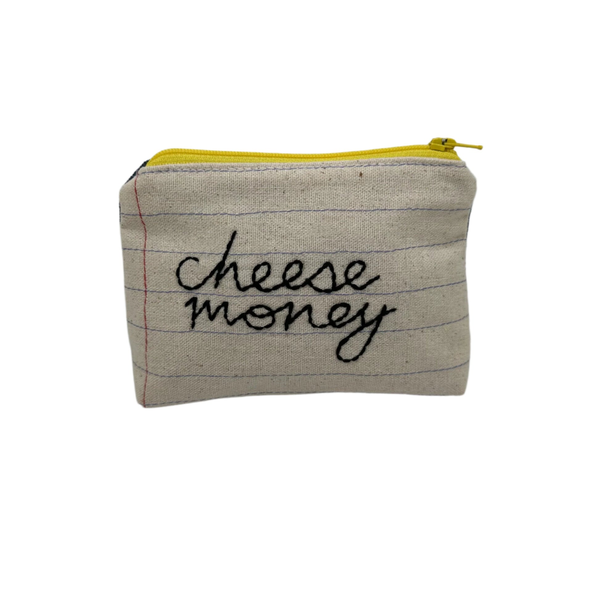 Handmade pouch sewn with the words "cheese money"