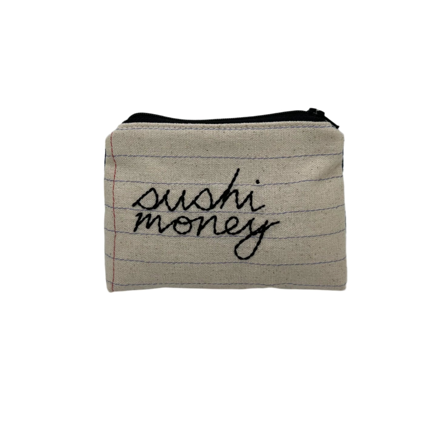 Handmade pouch sewn with the words "sushi money"