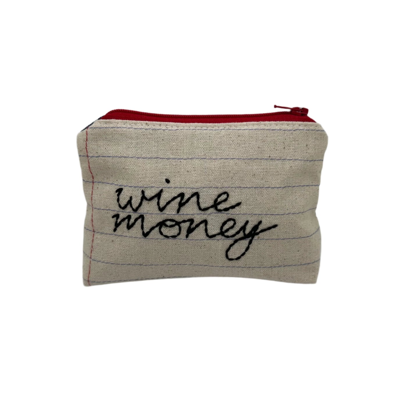 Handmade pouch sewn with the words "wine money"