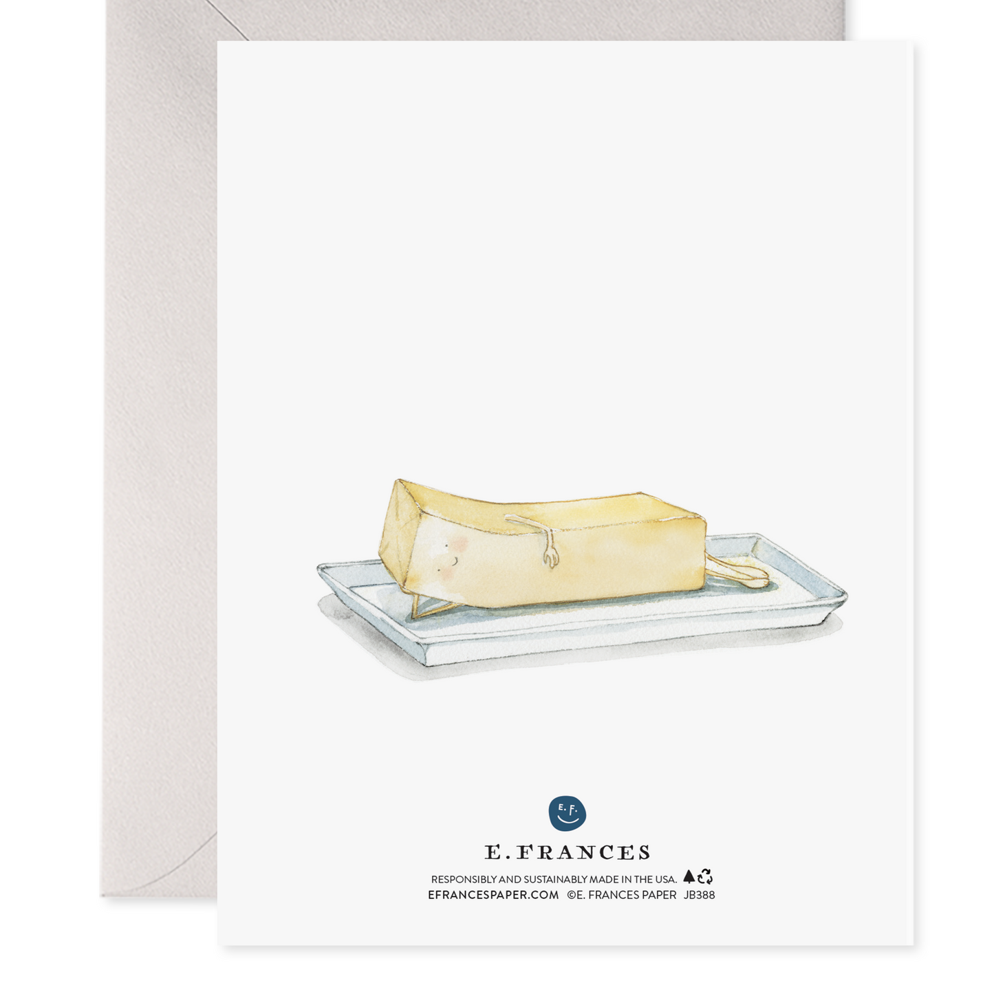 Back of greeting card with logo and picture of a smiling stick of butter reclining on a butter dish.