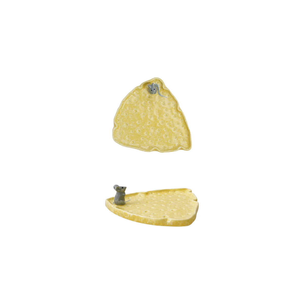 two yellow stoneware plates, shaped like a cheese wedge with a small mouse figurine on a white background