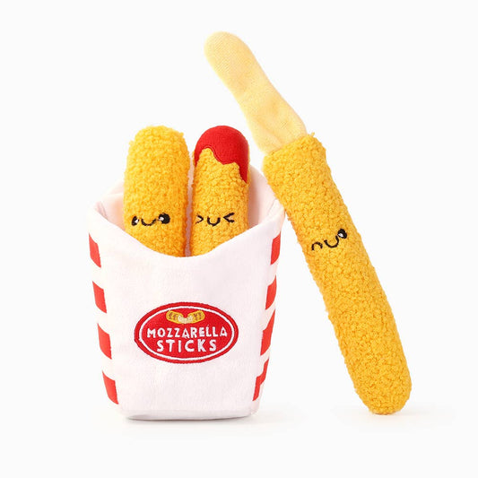 Plush mozzarella sticks with a container labeled 'Mozzarella Sticks' on a white background