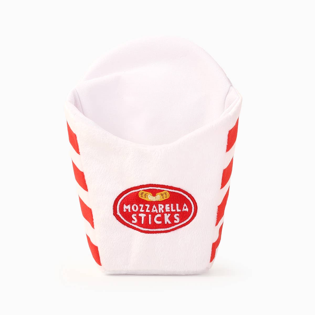 White container with red stripes and 'Mozzarella Sticks' logo on a white background