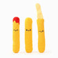 Three plush toys shaped like mozzarella sticks with smiling faces on a white background